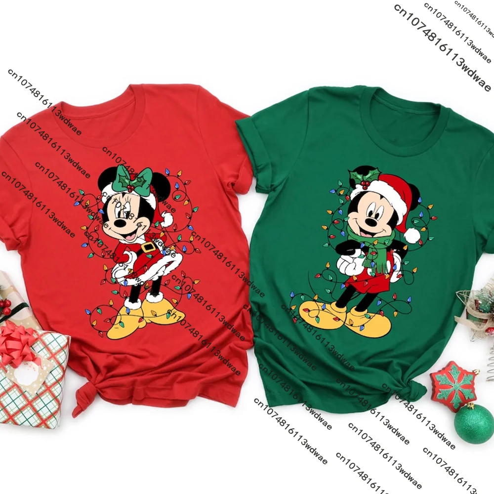 

Футболка с изображением Микки и Минни Маус Disney для пар, рождественские огни, футболка с изображением Диснея, 2021, женская рождественская вечеринка с Микки