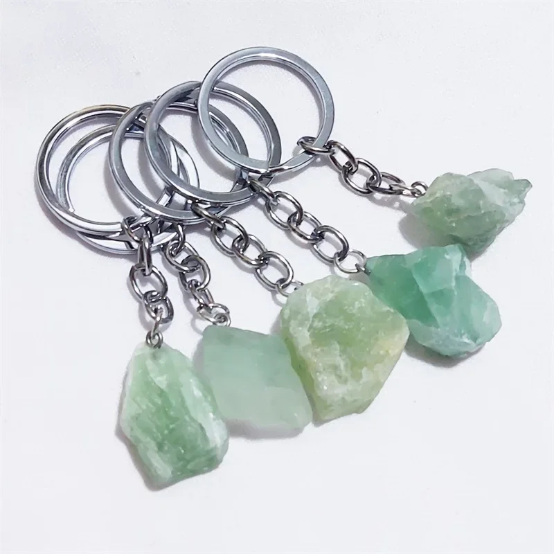 1pc Natural Raw Ore Green Fluorite Stone Key Ring Crystal Quartzs Keychain Women Men Handbag Mineral Keyring Jewelry