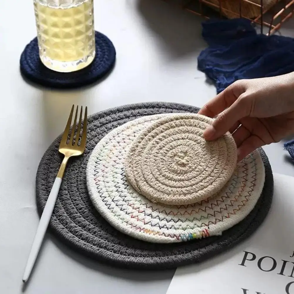Thick Absorbent Coaster Soft Cotton Woven Coaster Set Heat-resistant Water-absorbent Cup Mats Noise-reducing Cotton Yarn