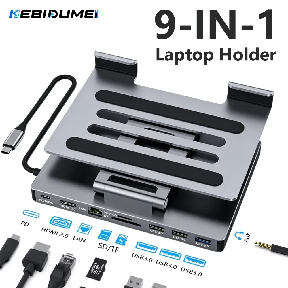 KEBIDUMEI 9 in 1 USB C Hub Foldable Docking Station Type-C to Gigabit RJ45 HDTV 4K PD100W Stand Computer Accessories For Laptop