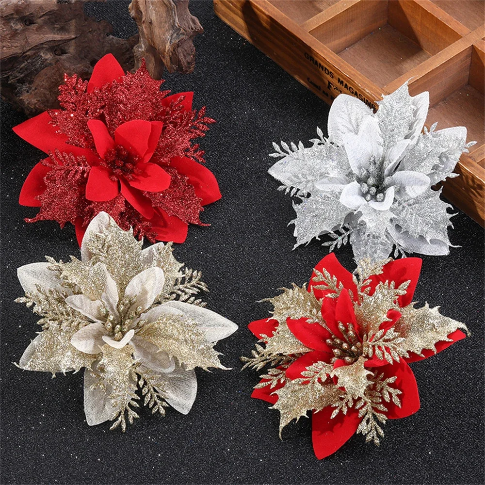 5pcs Glitter Artifical Christmas Flowers Christmas Tree Decorations for Home Fake Flowers Xmas Ornaments New Year Decor