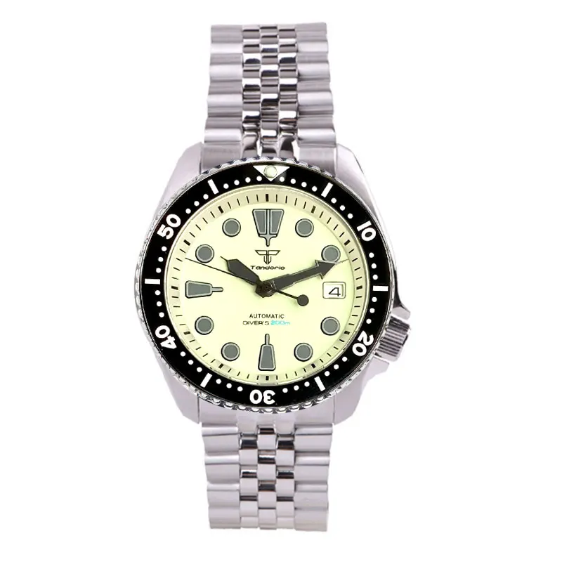 Tandorio 41mm NH35A 200M Waterproof Dive Automatic Watch Men Green Luminous Dial Sapphire Glass SKX Stainless Steel Bracelet