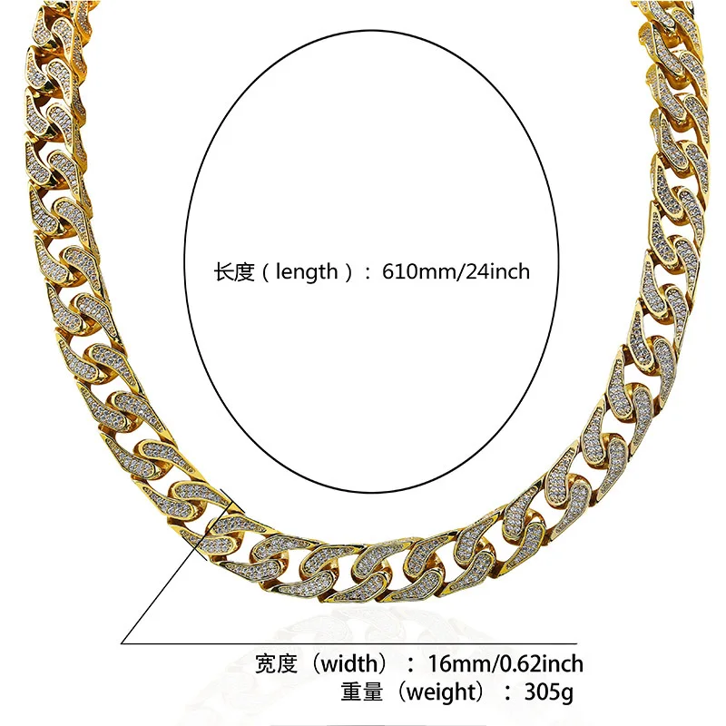 16MM Hip Hop Bling Iced Out CZ Zircon Stone Gold Color Cuban Miami Link Chain Necklaces for Men Rapper jewelry Drop Shipping