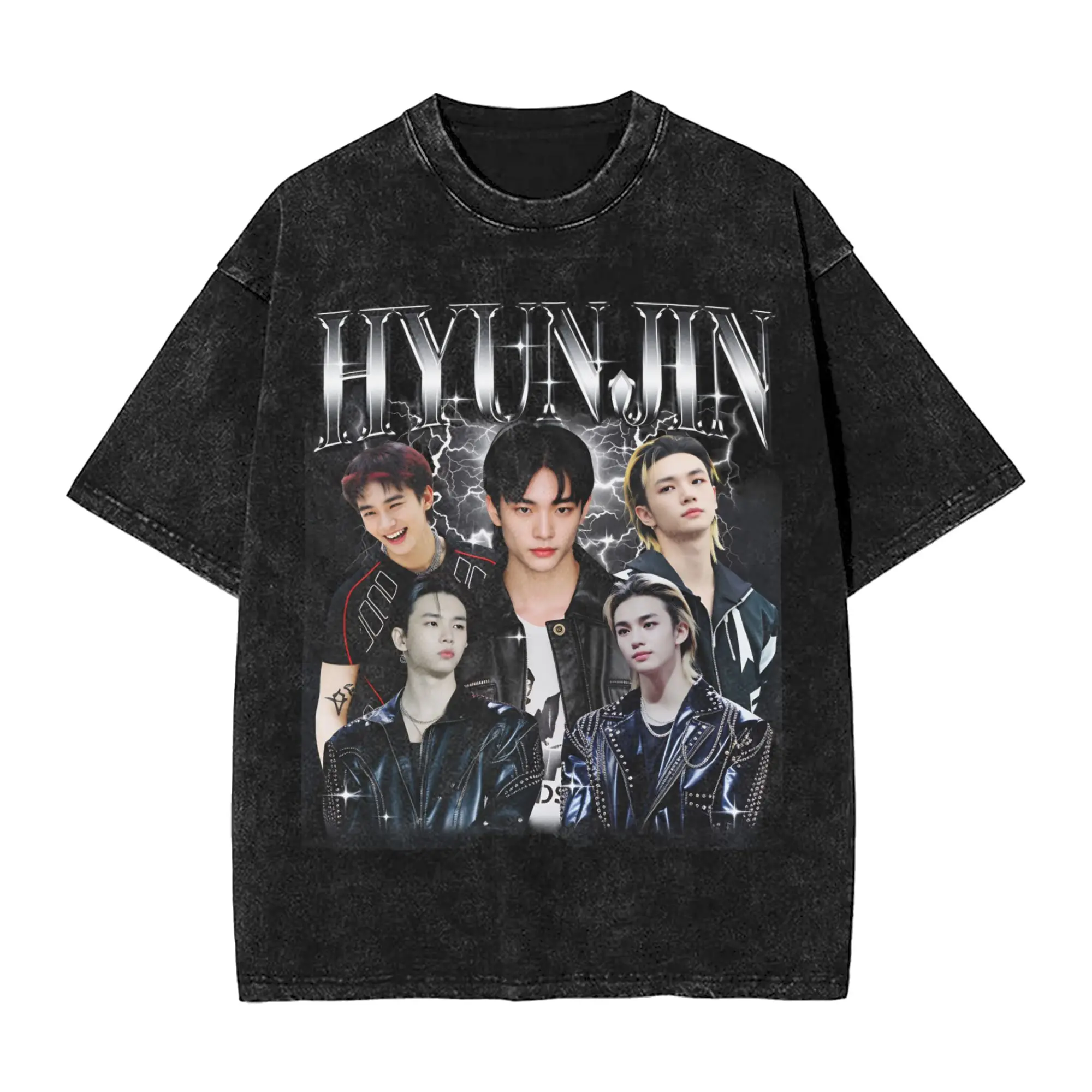 Oversized Washed T-Shirt Hyunjin Cotton T-Shirts Singer Fashion Tshirt for Men Summer Y2K Retro Pattern Tees