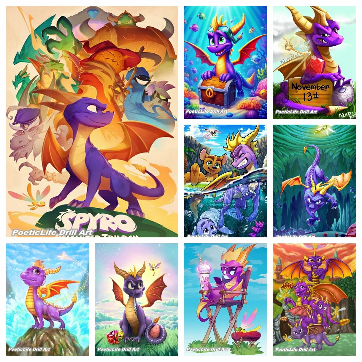 Spyro Cartoon Cute Dinosaur DIY Diamond Painting Rhinestone Embroidery Game Cross Stitch Full Mosaic Home Decor Children's Gifts