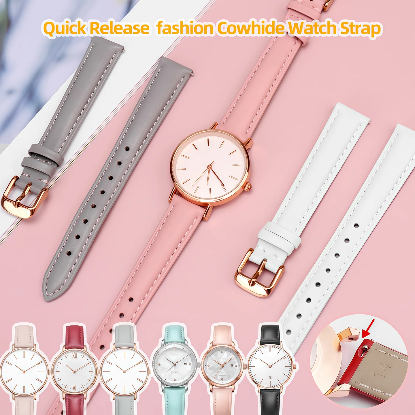

12mm 14mm 15mm 16mm 18mm Fashion Cowhide Watch Strap Gray Brown Pink Quick Release Bracelet for Men Women Universal Watch Band