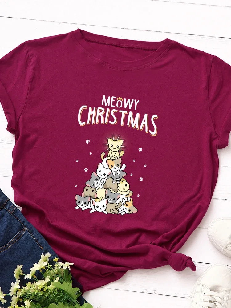 Merry Christmas Cat Print Women T Shirt Short Sleeve O Neck Loose Women Tshirt Ladies Tee Shirt Tops Clothes Camisetas Mujer