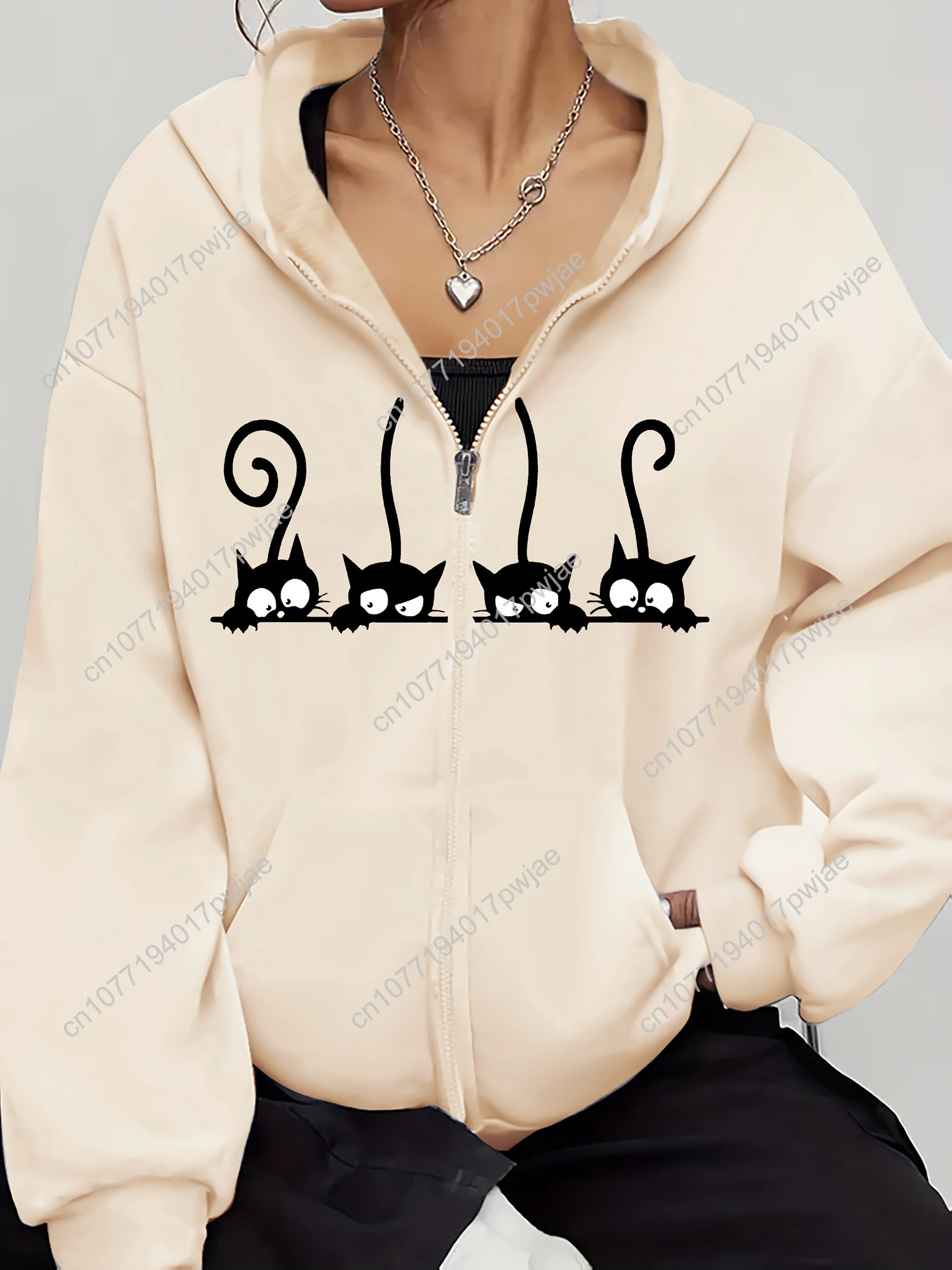 Moletom feminino com estampa de gato preto brincalhão – manga comprida, jaqueta casual com zíper e detalhes de malha canelada, tecido de poliéster elástico, todos