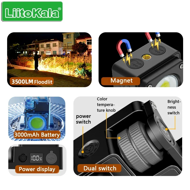 LiitoKala nuevo llavero luz 120-3500LM linterna recargable multifuncional portátil 3000mAh batería luz de trabajo
