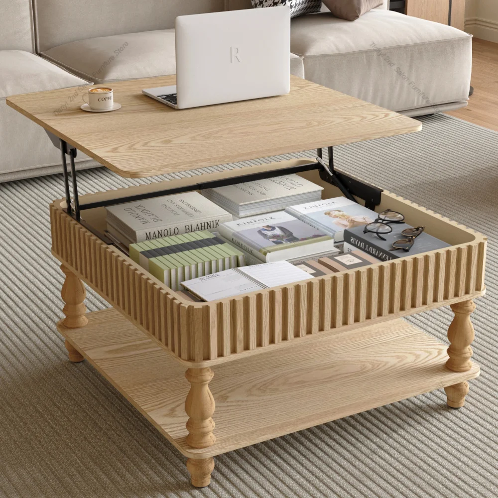 Modern Design Square Fluted Lift-Top Coffee Table with Hidden & Open Storage, Hydraulic Raising Mechanism, Retro Solid Wood Legs