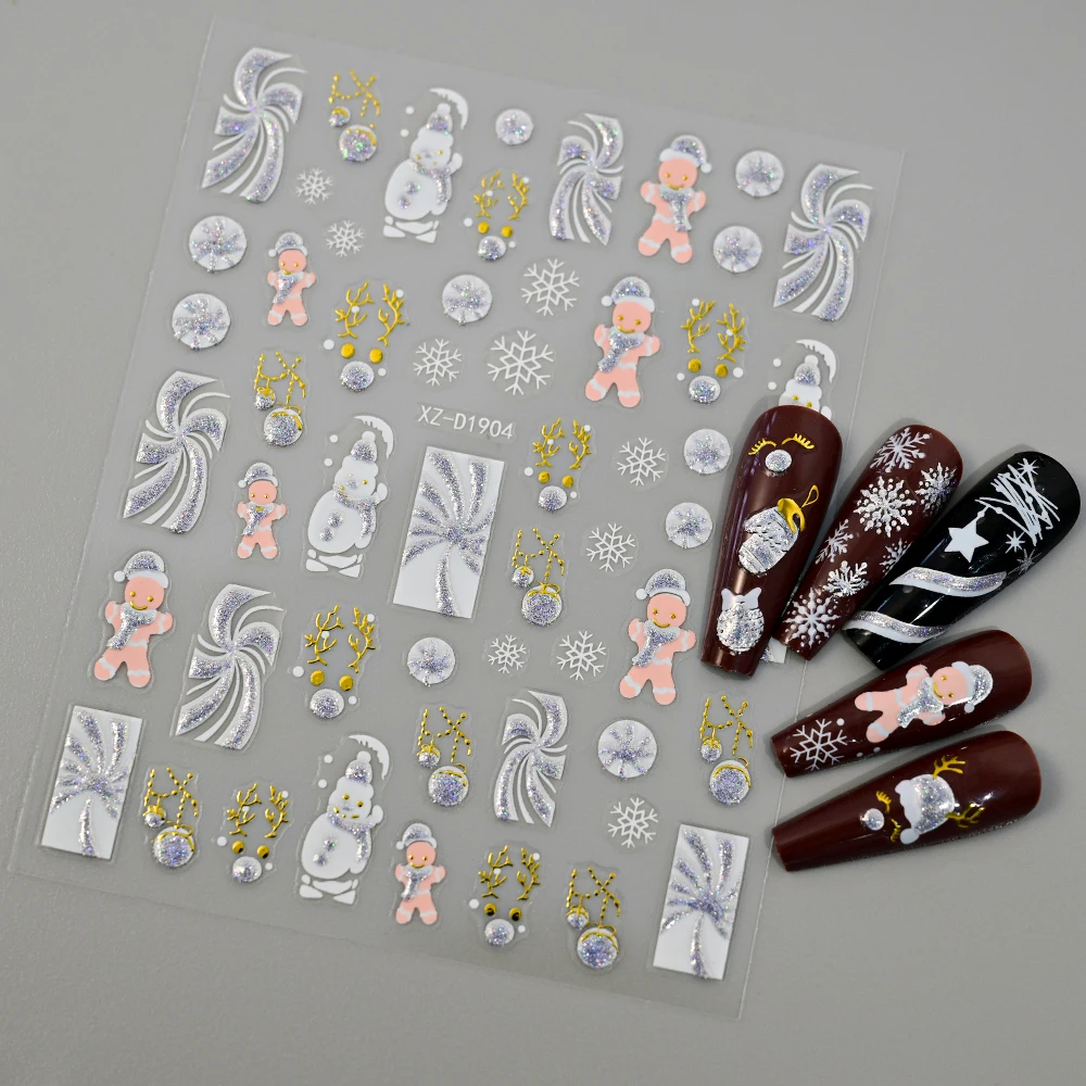 12 Stücke Silber Glitter Weihnachten Nagelaufkleber 3D Winter Schneeflocke Elch Weihnachtsmann Klebeschieber Weihnachten Abziehbilder Nageldekoration