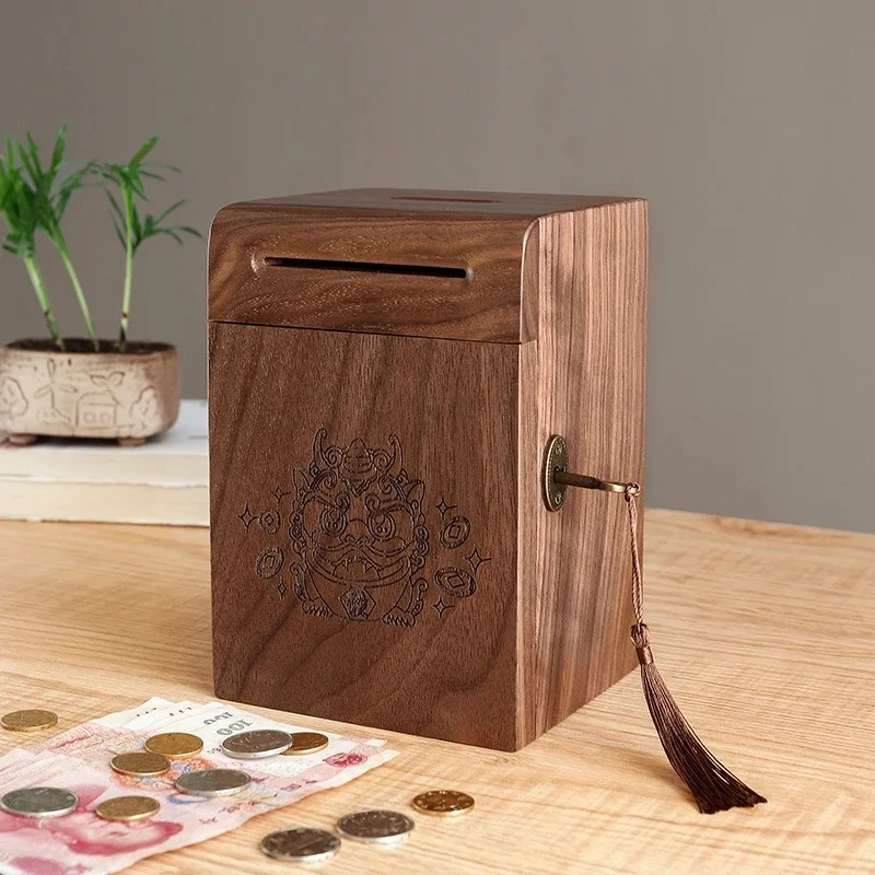 Wooden Piggy Bank Lockable Coin, Box Chinese Pixiu Money Saving, Pot Home Desktop Decoration Gift, For Kids Adults Large Capacit