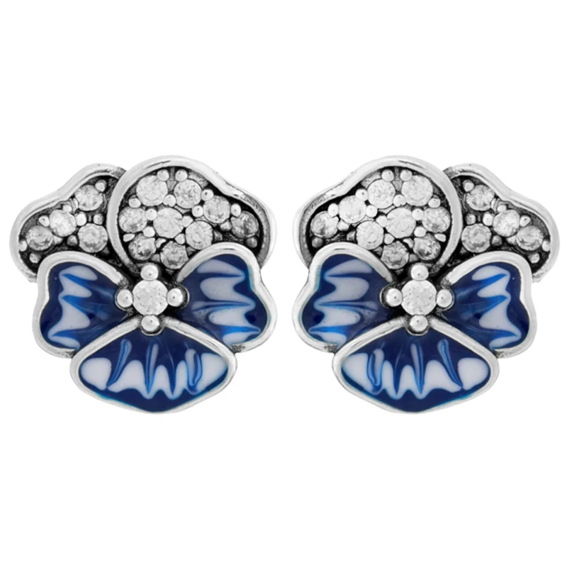 Pendientes de plata de ley 925 auténtica para mujer, corazón radiante y piedra flotante, flor de Pansy, pendiente atemporal de una sola fila, regalo de joyería