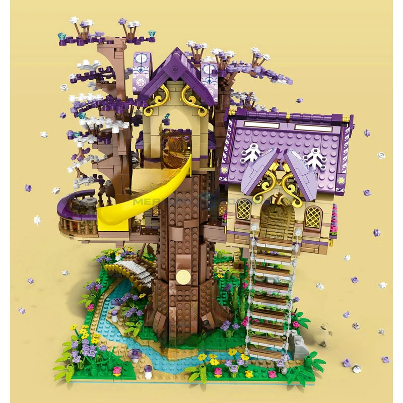 

MOC Medieval Purple Fairy Cherry Flower Tree House Building Blocks Set Sakura Hut With Light Toy Kids Birthday Special Day Gifts