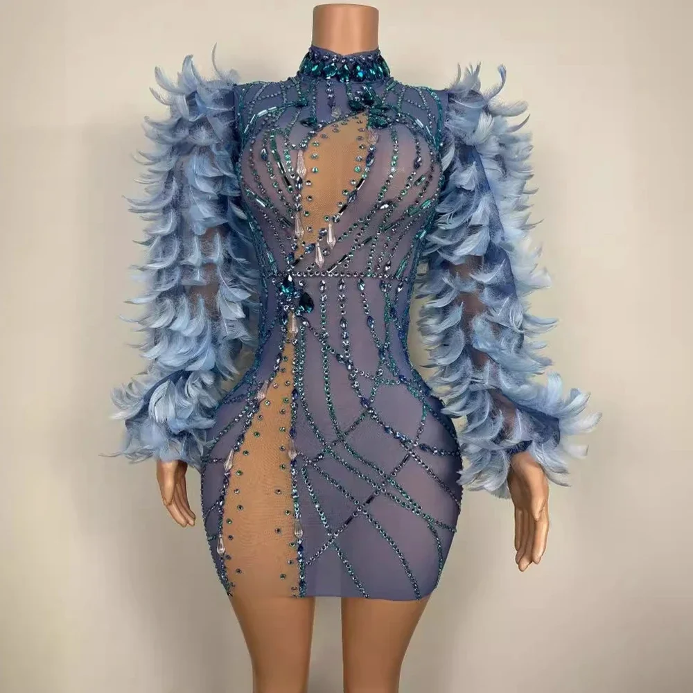 Vestido de noche con mangas de plumas y diamantes de imitación brillantes para mujer, ropa de fotografía Sexy, espectáculo de cantante, ropa de escenario, fiesta de graduación, celebración de cumpleaños