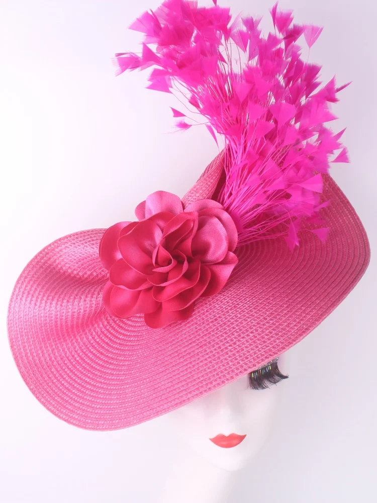 

Feather Hot Pink Derby Fascinator Flower Women Party Dinner Headwear Fashion Ladies Pillbox Fascinators Hat Headband For Wedding