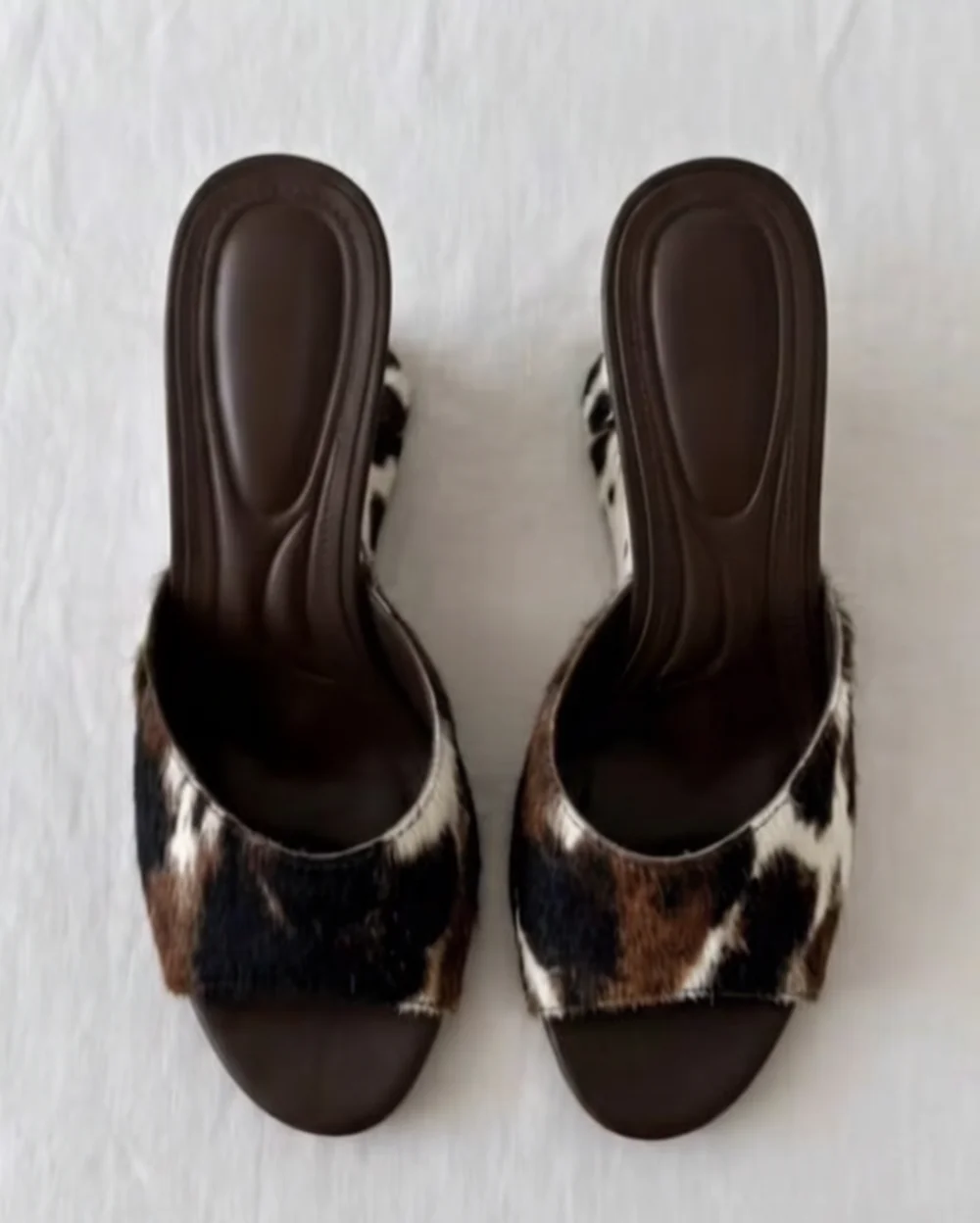 Cow Print Calf Hair Wedge Sandals Open-Toe Slip-On Design Curved Heel Mixed Brown Black Fur Texture Retro Western Style Footwear view 3