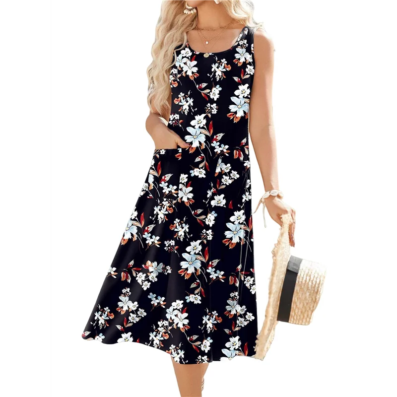 ABRT-Vestiti da donna estivi senza maniche floreali da spiaggia girocollo a vita alta a trapezio con tasche