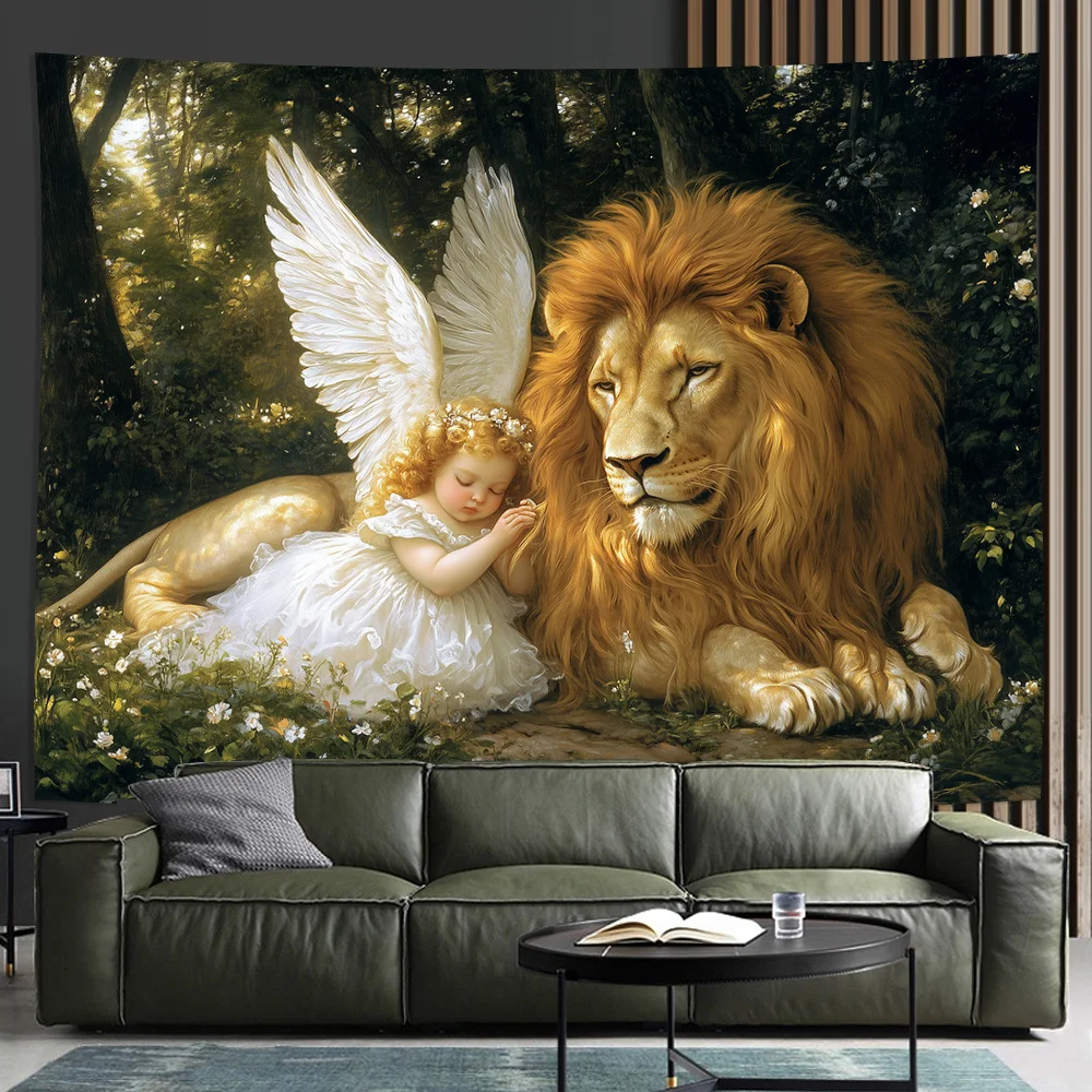 Angel and Lion in Enchanted Forest Tapestry - Perfect for Adding Magical and Serene Style to Any Room Decor, Ideal for Home Use
