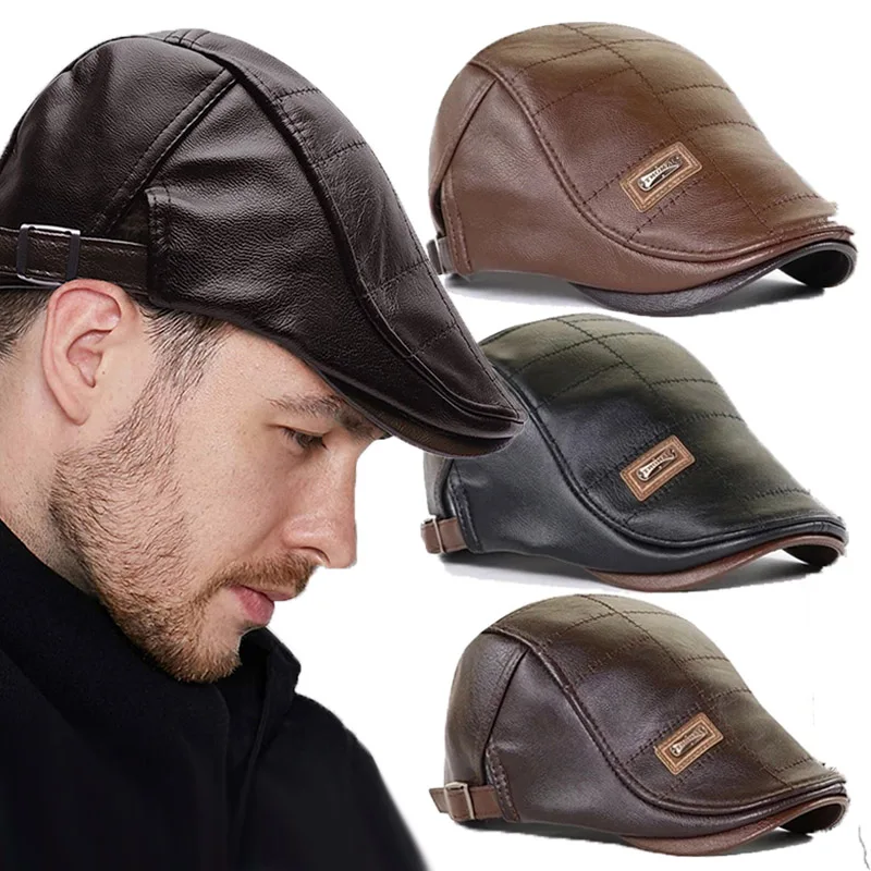 Top Level Leather  Cap Men Beret Hat Leather Ivy Cap  Warm Autumn Winter Male Adjustable Gatsby Mens Retro Beret Caps