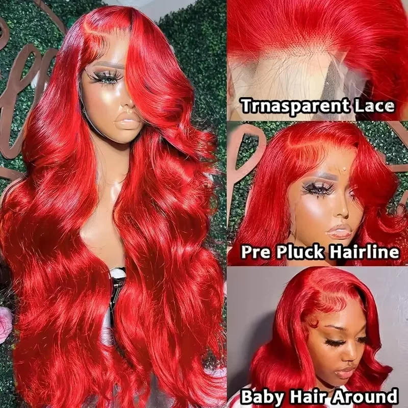 30 38 Inch Hot Red Body Wave 13x4 Hd Lace Frontal Wig Brazilian Water Wave 13x6 Lace Front Color Human Hair Wigs 200% For Women