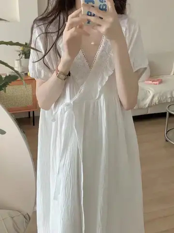 귀여운 레이스 잠옷 V 넥 가운 여성용 반팔 가정 의류 Loungewear 기본 여성 드레싱 새 속옷 잠옷 뜨거운