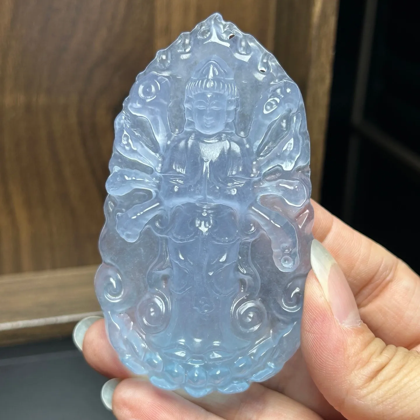 Real Natural High Ice Blue Burme Jade Jadeite amulet Kwan-Yin Pendant&Necklace