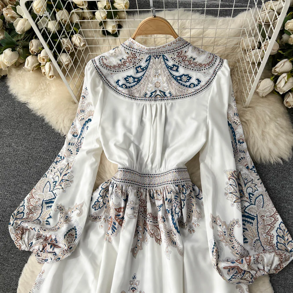 Summer Long Dress for Women Boho Long Sleeve Printed Indie Folk Half Open Collar Female Tarf Party Evening Luxury Vestidos New