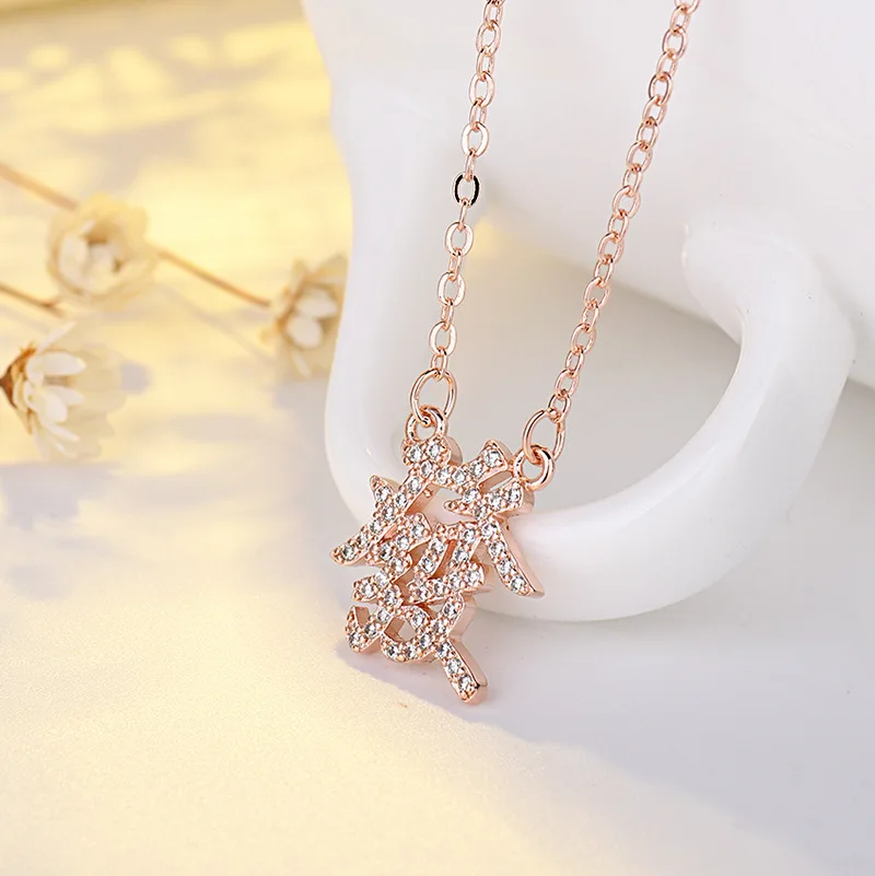 Hot Sale Fortune Character Necklace Full Diamond colar Retro Vacation Style Women's Fashion Clavicle Chain