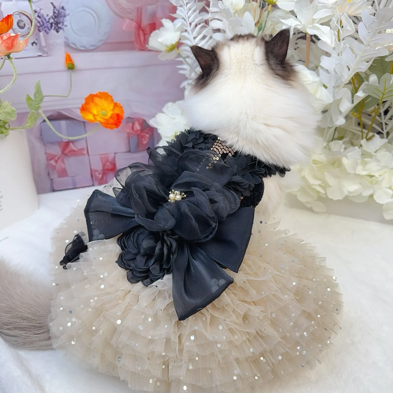 Fashion Sexy Black Roseflower Puppy Dog Clothing Sequin Lace Sling Princess Dress For Small Medium Dog Chihuahua Pet Dog Clothes