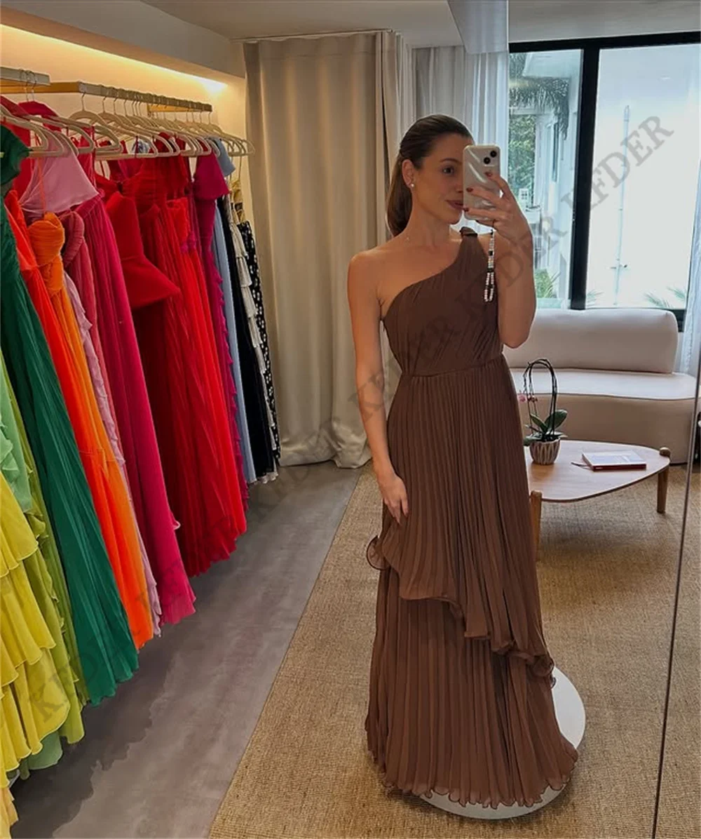 Bild 3: Grünes One-Shoulder-Abschlussballkleid, Partykleid, Chiffon, gestuft, A-Linie, Abendkleid für Damen, Promi-Galakleid, Vestidos, individuell gestaltet