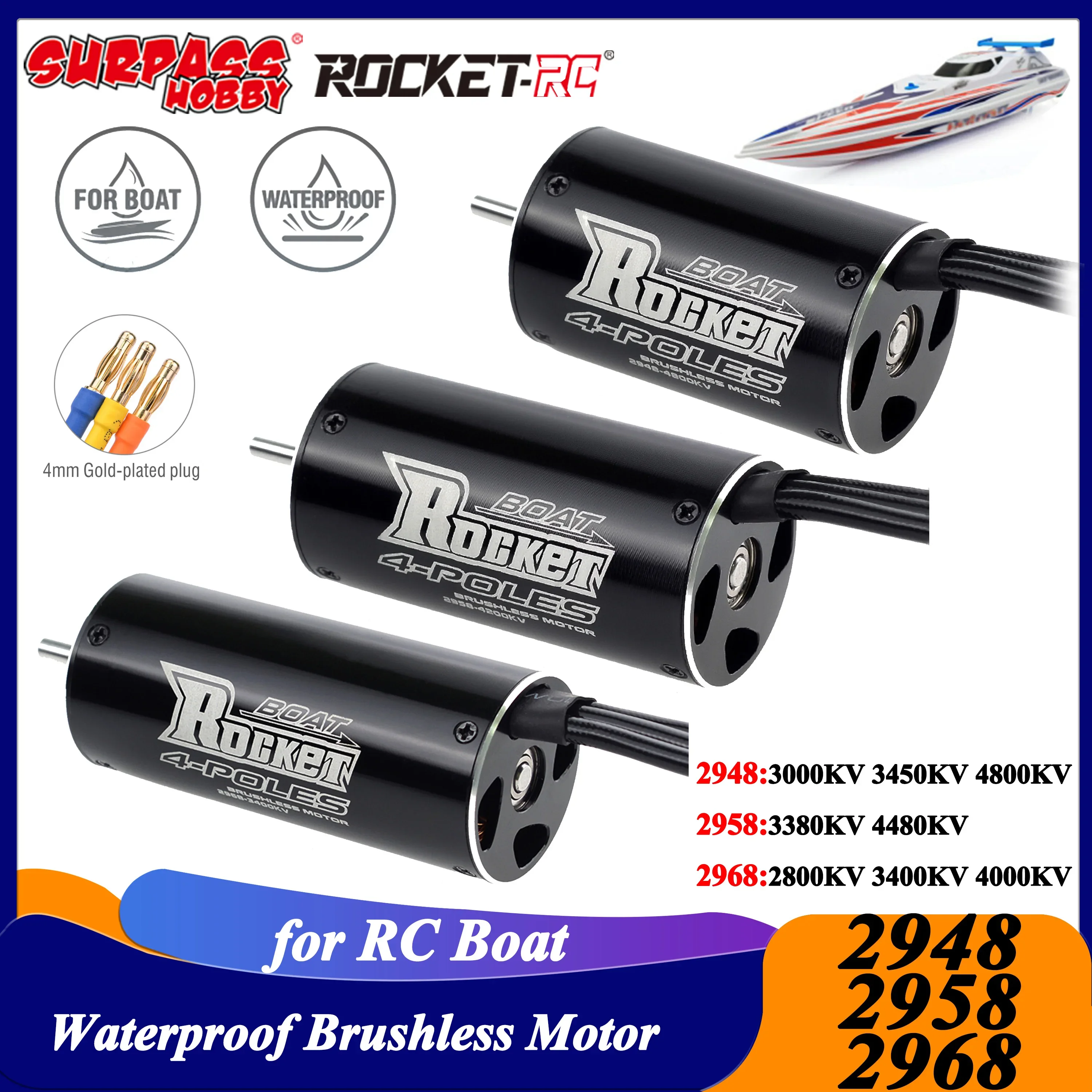 

Surpass Hobby Rocket 2948 2958 2968 Brushless Sensorless Motor 4.0mm Connector for 600-800mm RC Boat Traxxas Feilun FT011 Parts