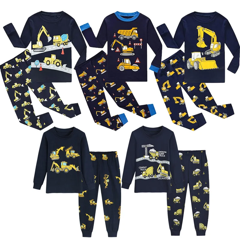 Little Hand Boys Cotton Pajama Set Construction Vehicle Print Long Sleeve 2Piece Sleepwear Kids Home Outfit Night Clothes 2‑7Y