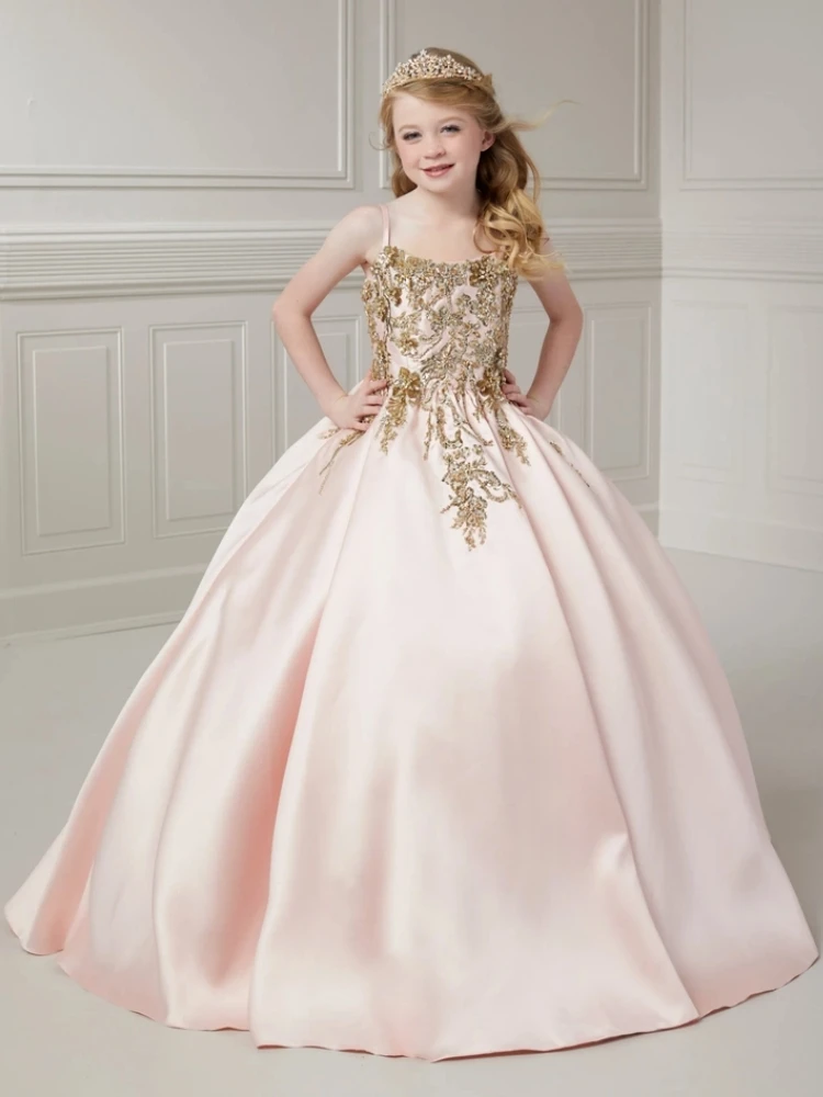 

Flower Girl Dresses Light Pink Satin Gold Flory Appliques Sleeveless For Wedding Birthday Party Banquet Princess Gowns