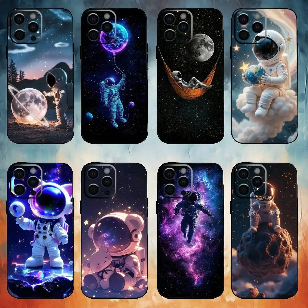 

Cartoon Astronaut Star Space Phone Case For iPhone17,16,15,14,13,12,11 Plus,Pro Max Soft Black Cover