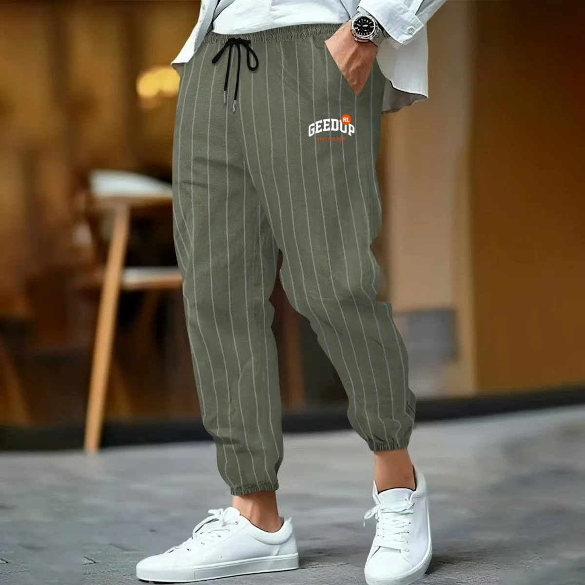 Męskie spodnie dresowe w paski z lnu, luźne, oddychające, modne, sportowe, w nowym stylu na co dzień, proste i uniwersalne, 2025.