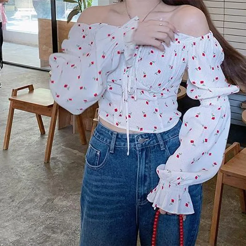 Spring Summer Floral Printing Fashion Lantern Sleeve Blouse Women High Street Casual Lacing Pleated Elegant All-match Pullovers