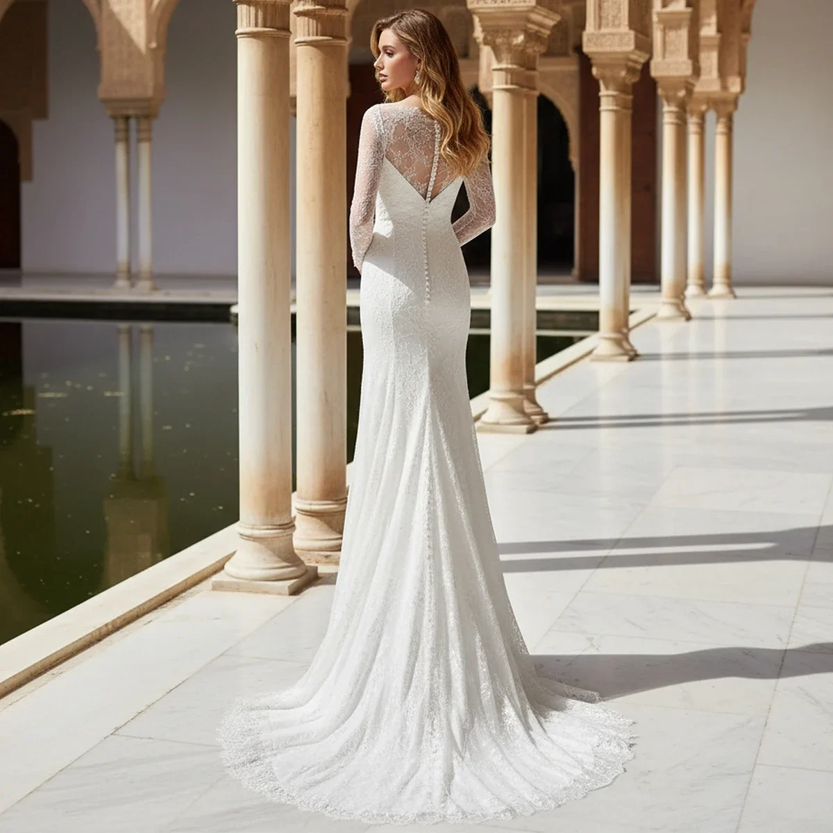 Elegant Mermaid Wedding Dress For Bride Scoop Long Sleeves Lace Sweep Train Bridal Party Gown For Women Vestidos De Novia 2