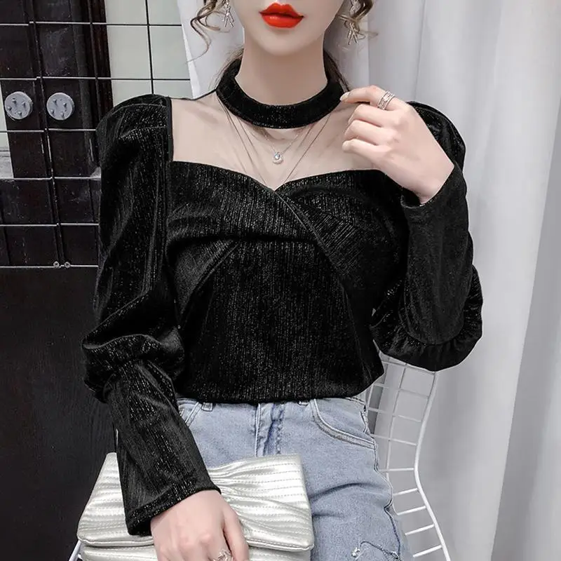 Velvet Top New Western Style High End Bubble Sleeve Open Collarbone Hollow Out Shirt for Women