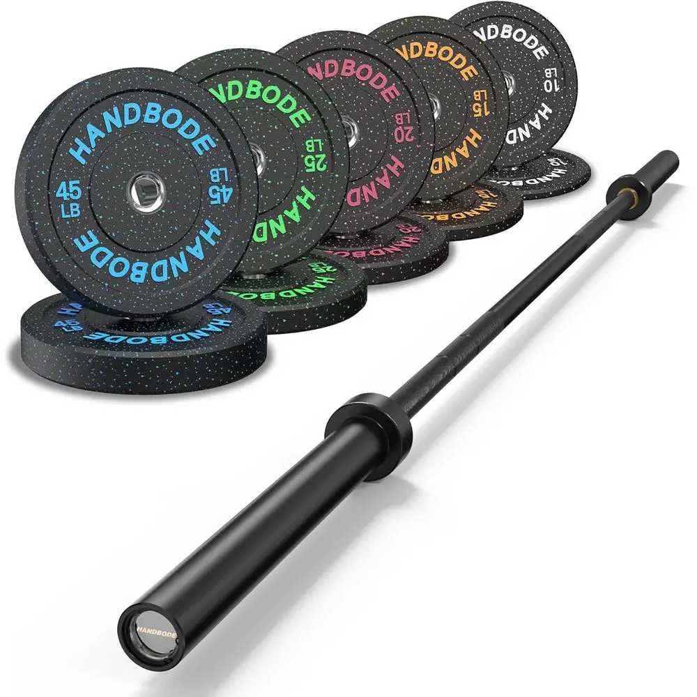 

2-Inch 10-55 lb Rubber Weight Plates Set for Bench Press and Home Gym with 45 lb Black/Silver Bar