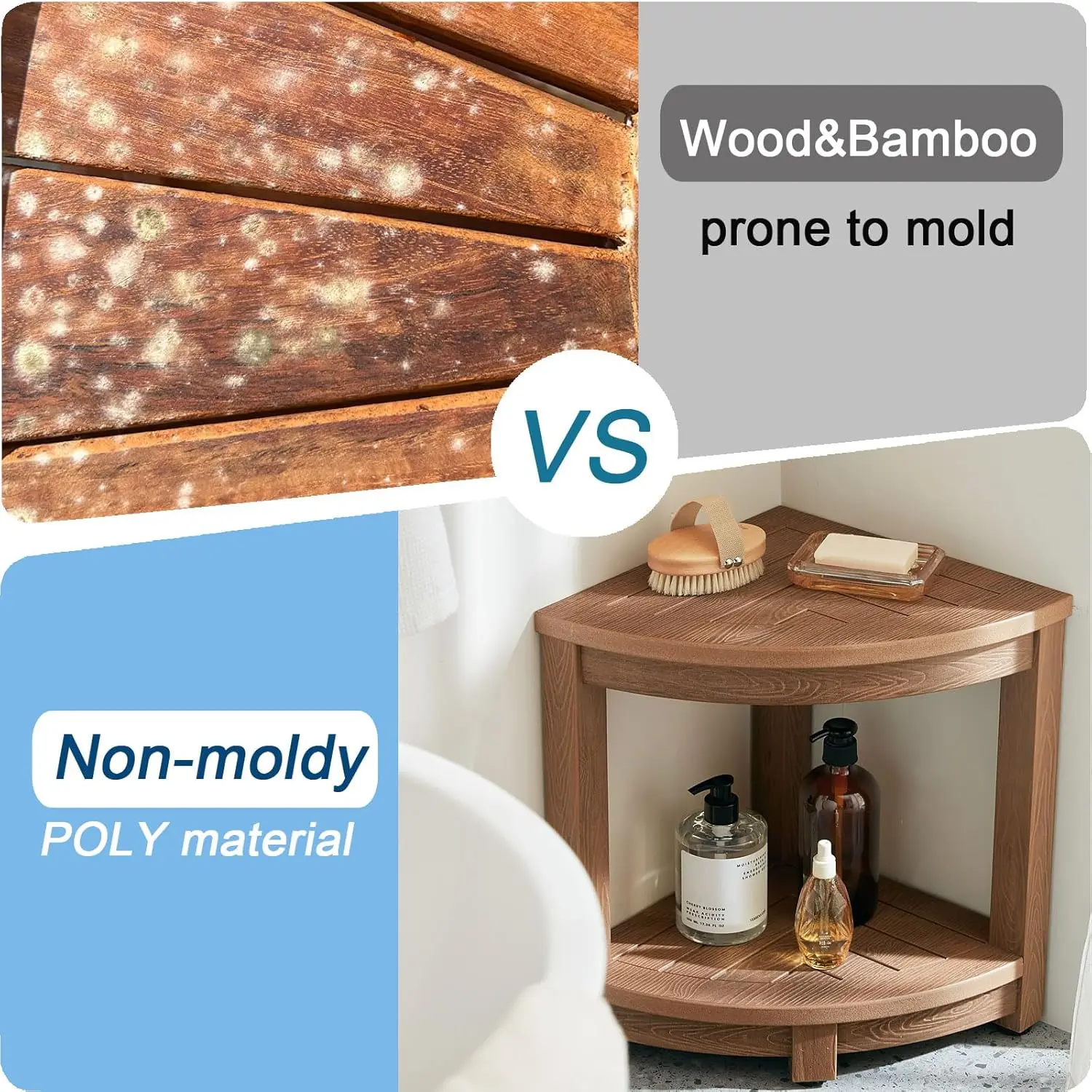 Waterproof Corner Shower Stool with Adjustable Feet, Non-Slip Brown Seat for Shaving and Storage