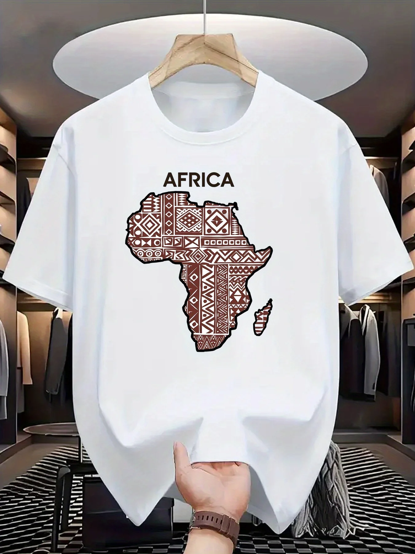 เสื้อยืดผู้ชายลายกราฟิกแอฟริกา ผ้าฝ้ายแท้ ดีไซน์แผนที่แอฟริกา สวมใส่สบาย ระบายอากาศได้ดี