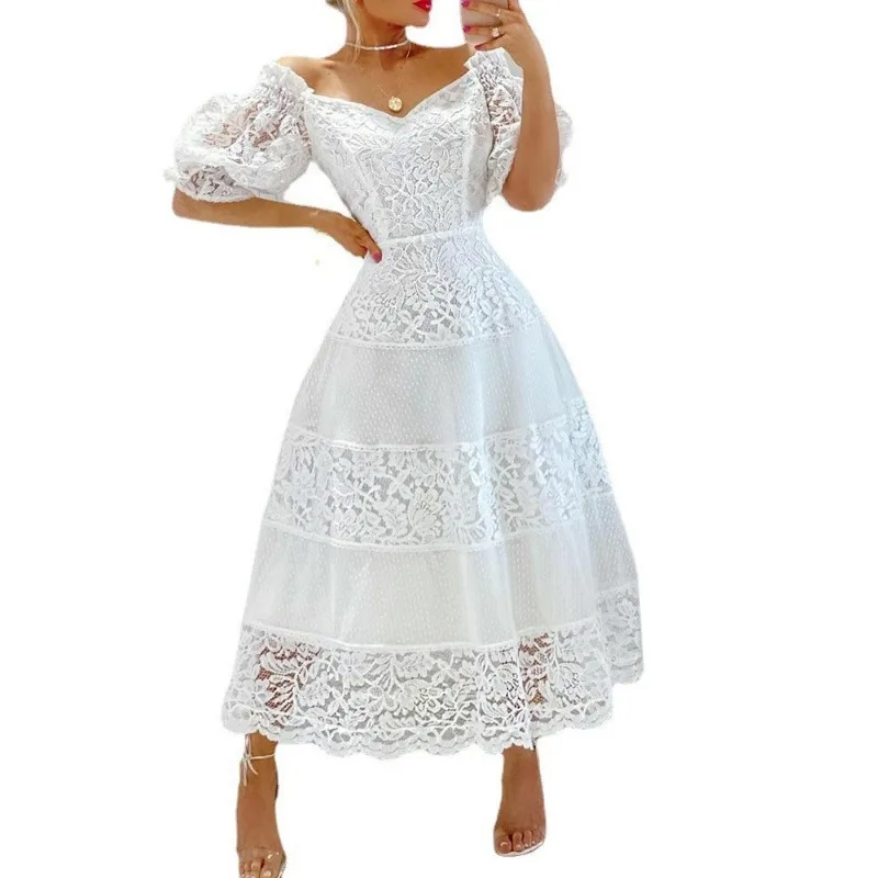 2023 Wedding Long Dresses White Floral Dress Women Summer Elegant Puff Sleeve Slash Neck Dress Lace Stitching Slim Party Prom