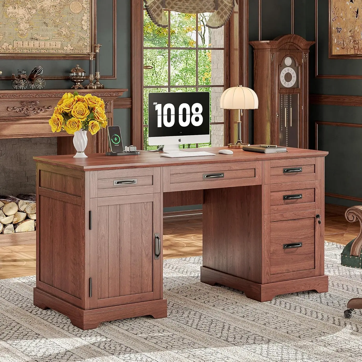 Alohappy 55'' Farmhouse Executive Desk, โต๊ะทํางานที่บ้านพร้อมลิ้นชัก, โต๊ะคอมพิวเตอร์ไม้พร้อมตู้เก็บเอกสารและปลั๊กไฟ,