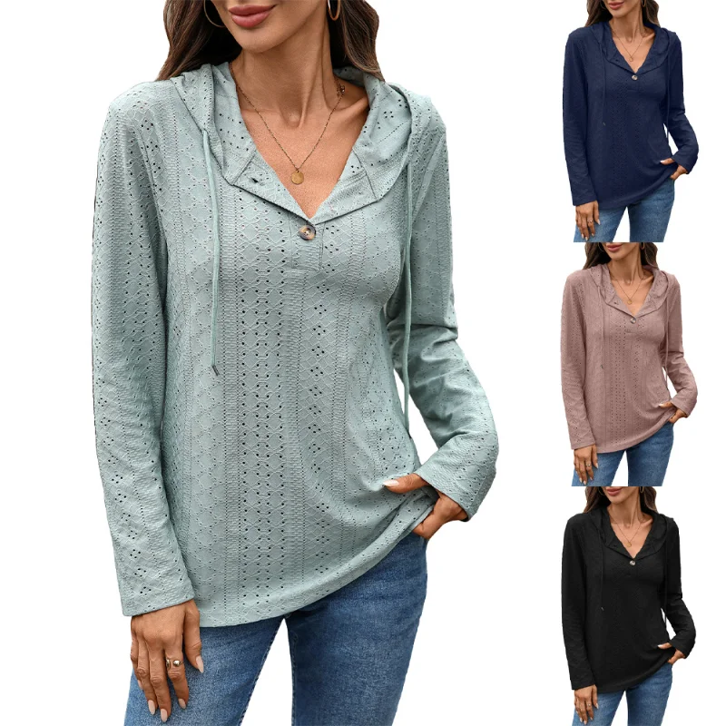 

New Autumn and Winter Solid Color Button Hooded Loose Long-sleeved Sweatshirt Top for Women