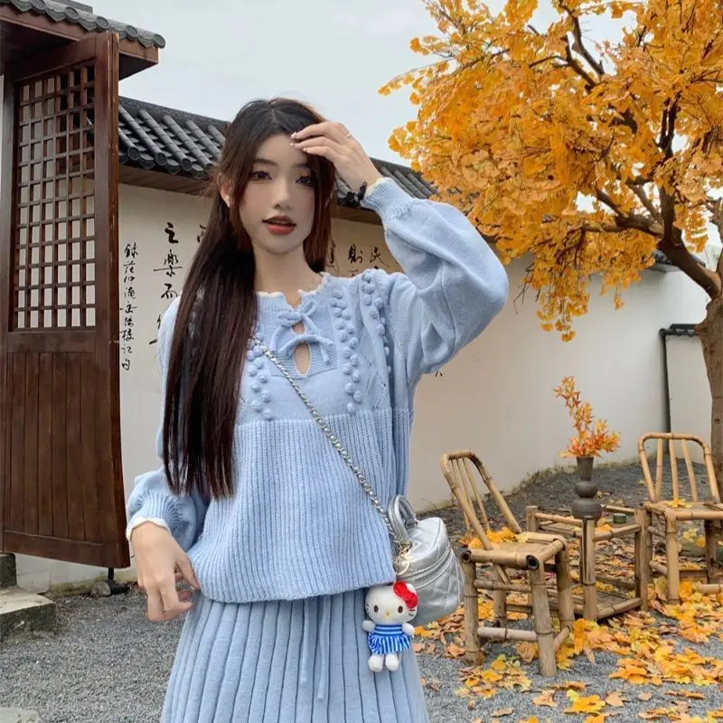 

Two-Piece Korean Fungus Three-Dimensional Embroidery Striped Long-Sleeved Sweater High-Waisted A-Line Skirt Autumn Winter Suit