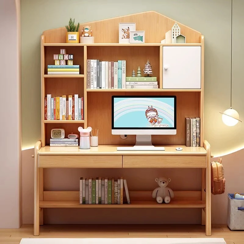طاولة دراسة للأطفال من الخشب الصلب، رف كتب، مكتب كمبيوتر منزلي للكتابة