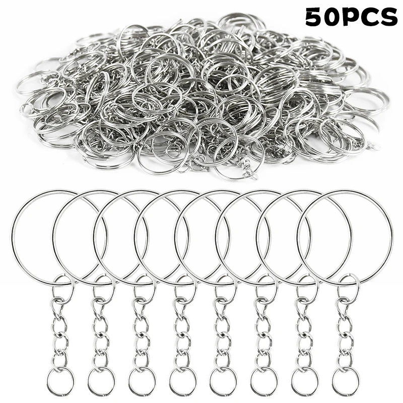 50pcs Split Key Ring With Chain And Jump Rings Stainless Steel Hole Flat Key Ring DIY Jewelry Pendant Buckles Polished Keychains