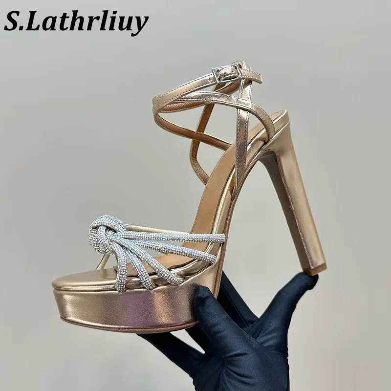 

Summer Shiny Crystal High Heel Peep Toe Sandals Women's Thick Bottom Shaped Winding Thin Heel Sandalias Sexy Party Dress Shoes