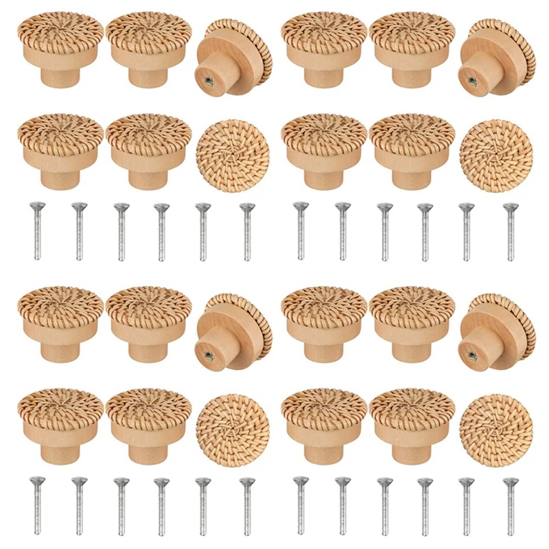 

HOT! Boho Rattan Dresser Knobs Round Wooden Drawer Knobs Handmade Wicker Woven And Screws For Boho Furniture Knobs 24Pcs